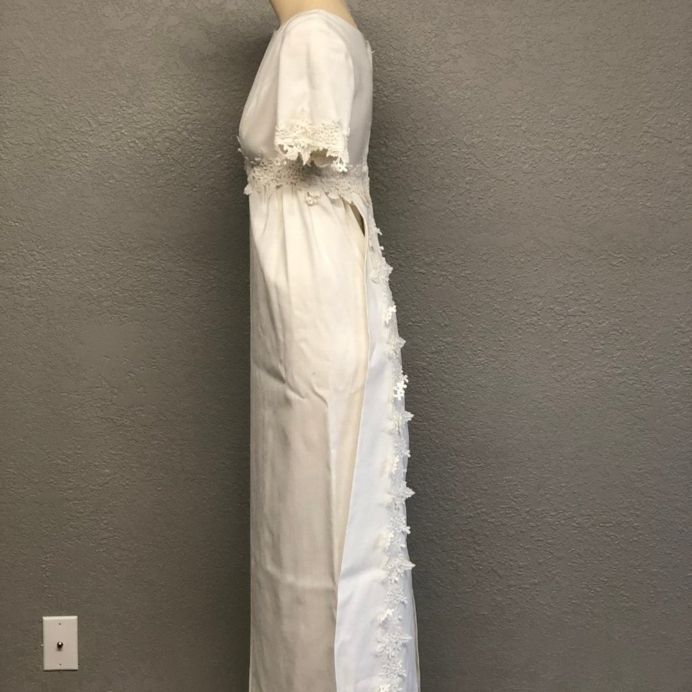 Vintage 60s Linen Blend Tailored Wedding Dress, Heavy Floral Embroidery Trim - Picture 3 of 7